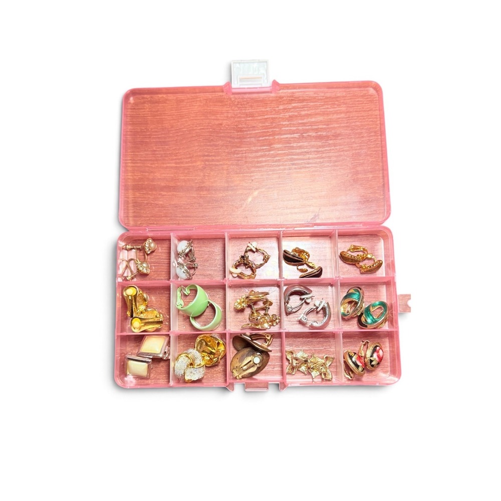 Vintage Clip On Earring Lot 15 Pairs Gold Silver Tone Pearl Enamel Floral Retro